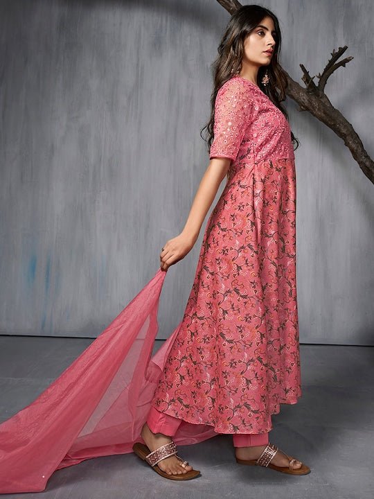 Floral Printed Regular Thread Work Kurta With Trousers & Dupatta - Inddus.com