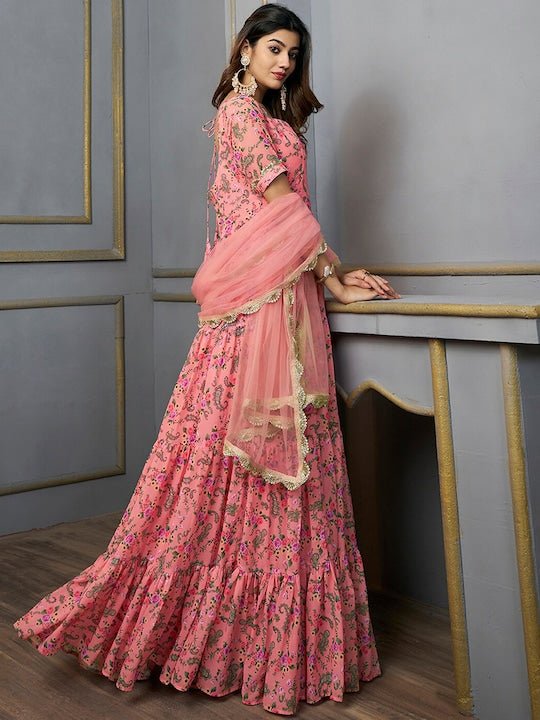 Floral Printed Sequinned Floral Georgette Anarkali Kurta With Dupatta - Inddus.com