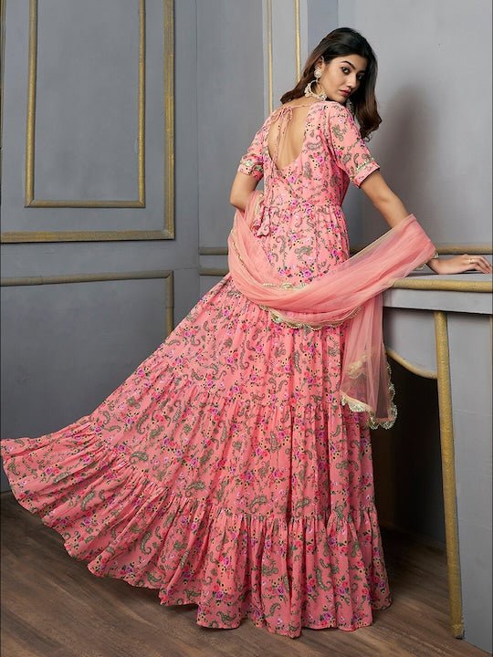 Floral Printed Sequinned Floral Georgette Anarkali Kurta With Dupatta - Inddus.com