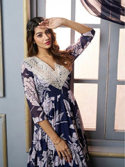 Floral Printed Sequinned Floral Georgette Anarkali Kurta with Dupatta - Inddus.com