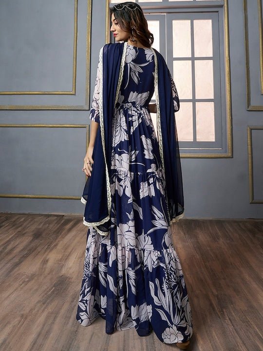 Floral Printed Sequinned Floral Georgette Anarkali Kurta with Dupatta - Inddus.com