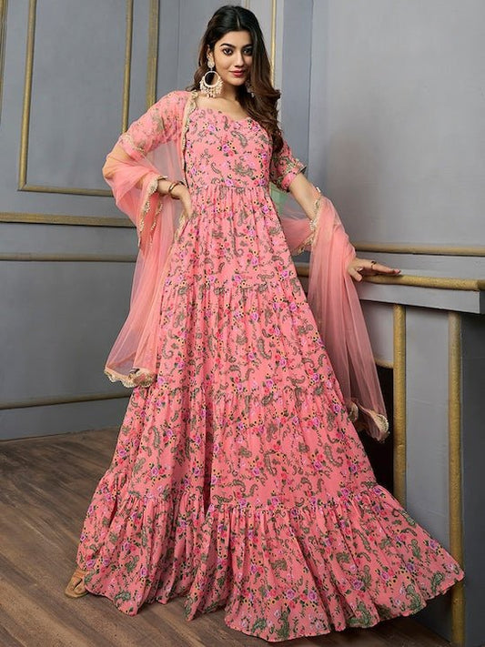 Floral Printed Sequinned Floral Georgette Anarkali Kurta With Dupatta - Inddus.com