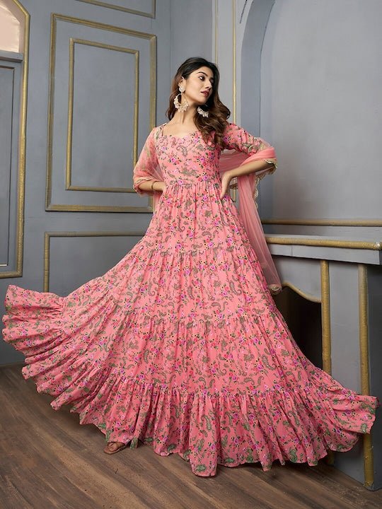 Floral Printed Sequinned Floral Georgette Anarkali Kurta With Dupatta - Inddus.com