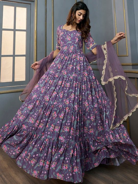 Floral Printed Sweetheart Neck Georgette Anarkali Kurta With Dupatta - Inddus.com