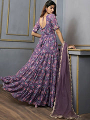 Floral Printed Sweetheart Neck Georgette Anarkali Kurta With Dupatta - Inddus.com