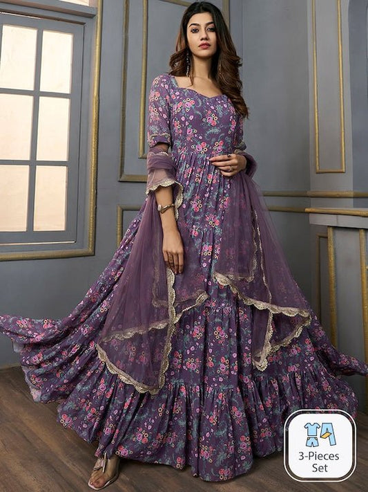 Floral Printed Sweetheart Neck Georgette Anarkali Kurta With Dupatta - Inddus.com