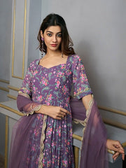 Floral Printed Sweetheart Neck Georgette Anarkali Kurta With Dupatta - Inddus.com