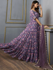 Floral Printed Sweetheart Neck Georgette Anarkali Kurta With Dupatta - Inddus.com