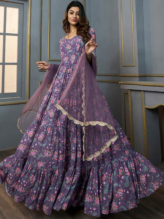 Floral Printed Sweetheart Neck Georgette Anarkali Kurta With Dupatta - Inddus.com