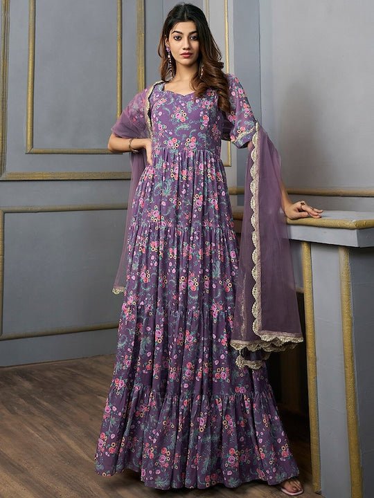 Floral Printed Sweetheart Neck Georgette Anarkali Kurta With Dupatta - Inddus.com