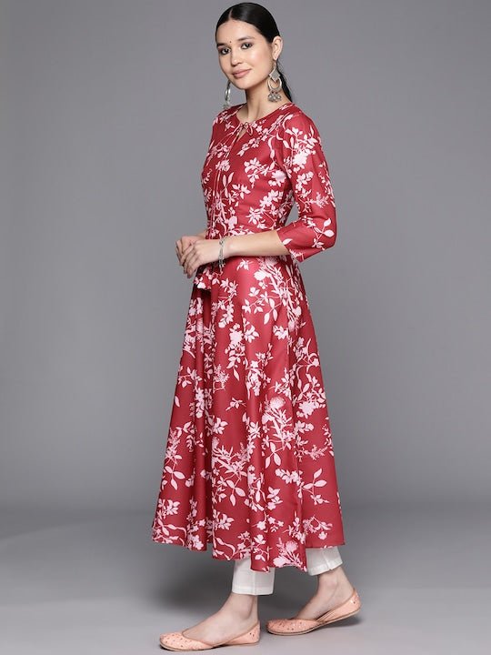 Floral Printed Tie-Up Neck A-Line Kurta - Inddus.com