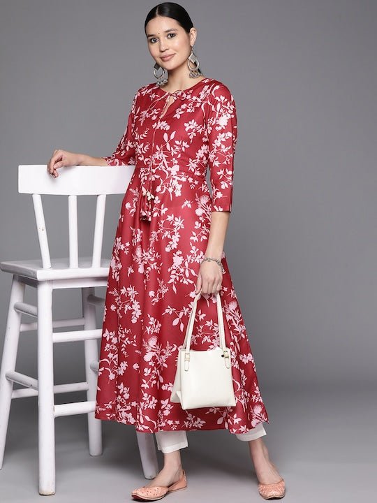 Floral Printed Tie-Up Neck A-Line Kurta - Inddus.com