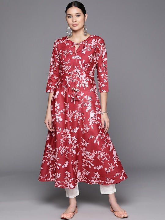 Floral Printed Tie-Up Neck A-Line Kurta - Inddus.com