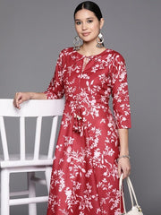 Floral Printed Tie-Up Neck A-Line Kurta - Inddus.com