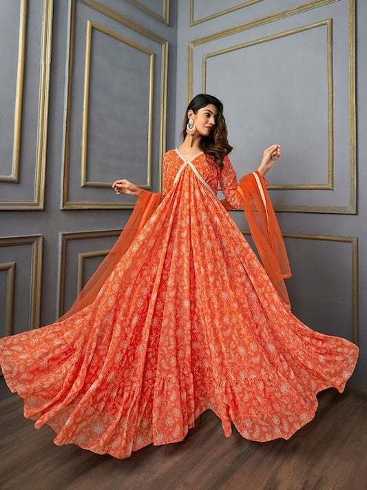 Floral Printed V-Neck Gotta Patti Georgette Anarkali Empire Kurta With Dupatta - Inddus.com