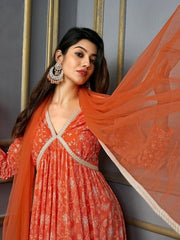 Floral Printed V-Neck Gotta Patti Georgette Anarkali Empire Kurta With Dupatta - Inddus.com