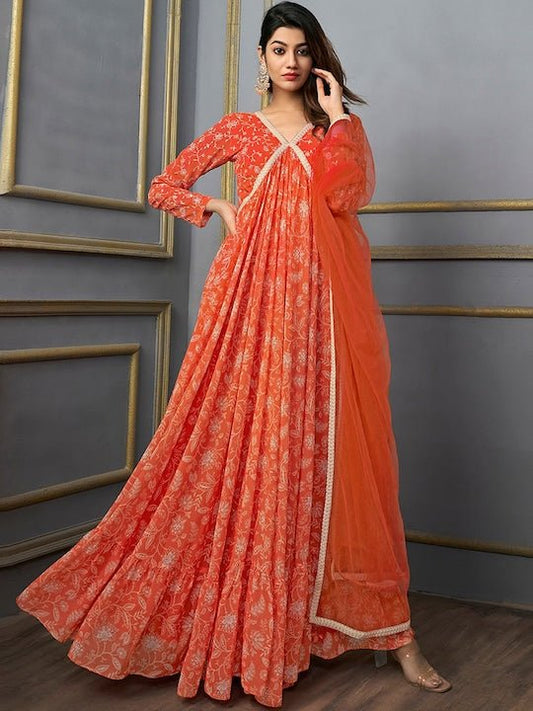 Floral Printed V-Neck Gotta Patti Georgette Anarkali Empire Kurta With Dupatta - Inddus.com