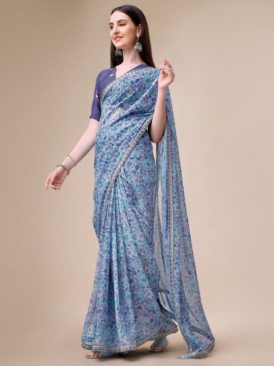 Floral Printed Zari Detailed Saree