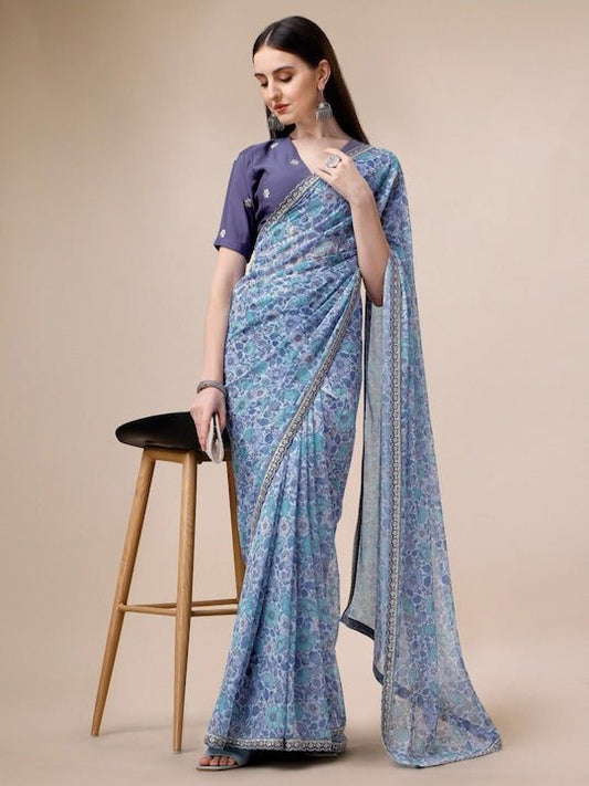 Floral Printed Zari Detailed Saree