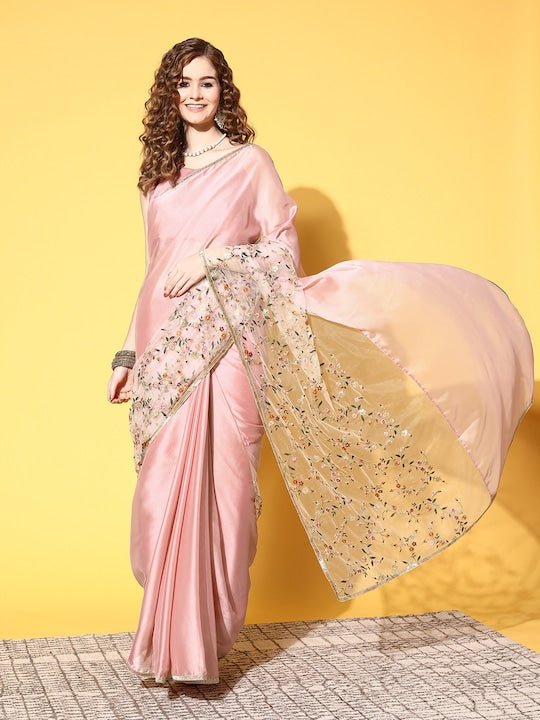 Floral Satin Saree with Embellished border - Inddus.com