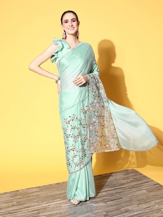 Floral Satin Saree with Embellished border - Inddus.com