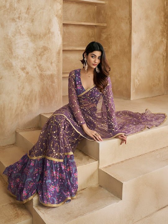 Floral Sequines Embroidered Ruffled Saree - Inddus.com