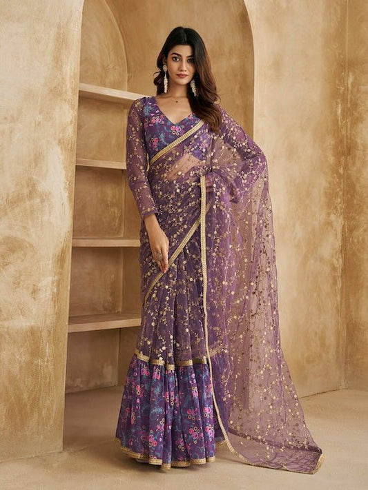 Floral Sequines Embroidered Ruffled Saree