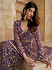 Floral Sequines Embroidered Ruffled Saree - Inddus.com