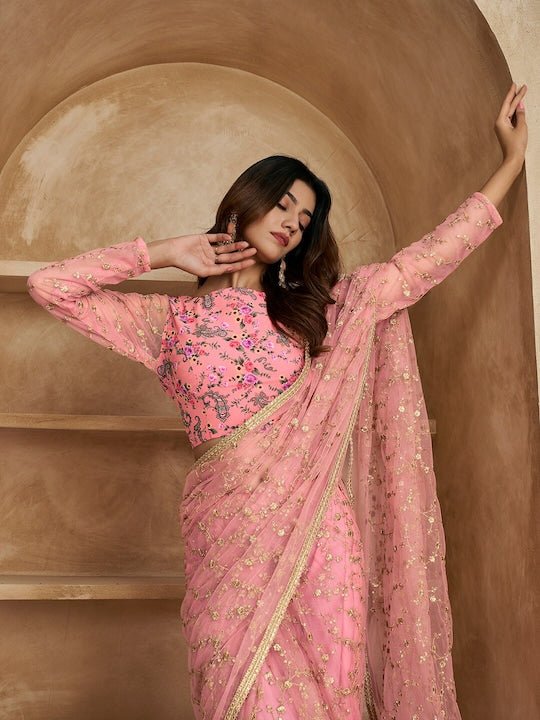 Floral Sequines Embroidered Ruffled Saree - Inddus.com