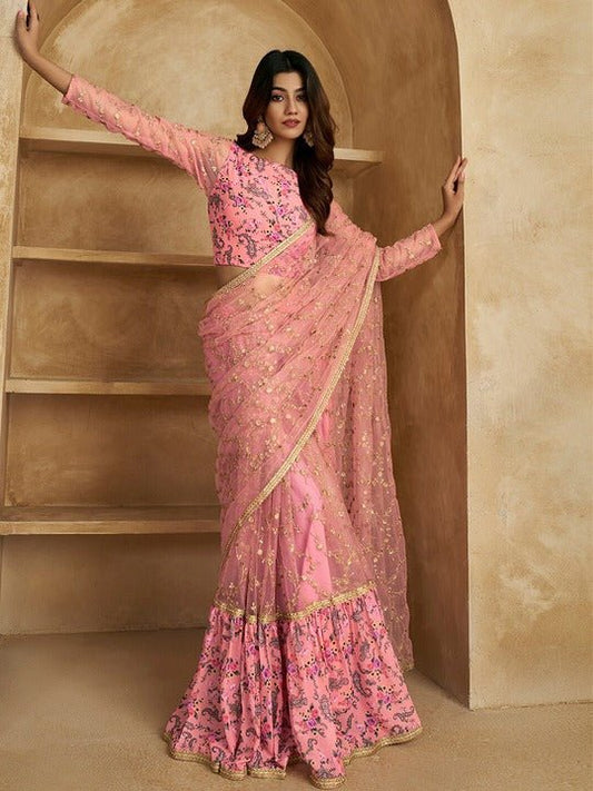 Floral Sequines Embroidered Ruffled Saree - Inddus.com