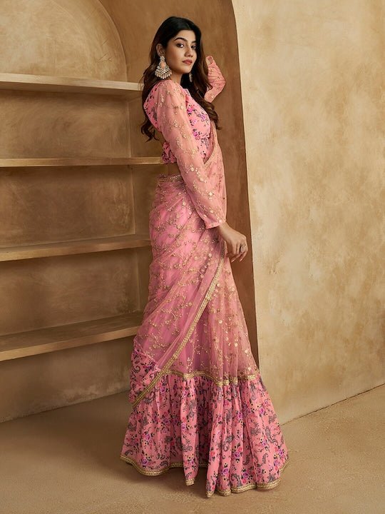 Floral Sequines Embroidered Ruffled Saree - Inddus.com