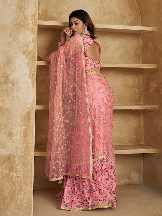 Floral Sequines Embroidered Ruffled Saree - Inddus.com