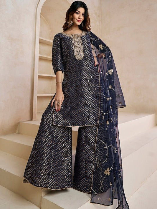 Floral Woven Design Zari Kurta With Sharara & Dupatta - Inddus.com