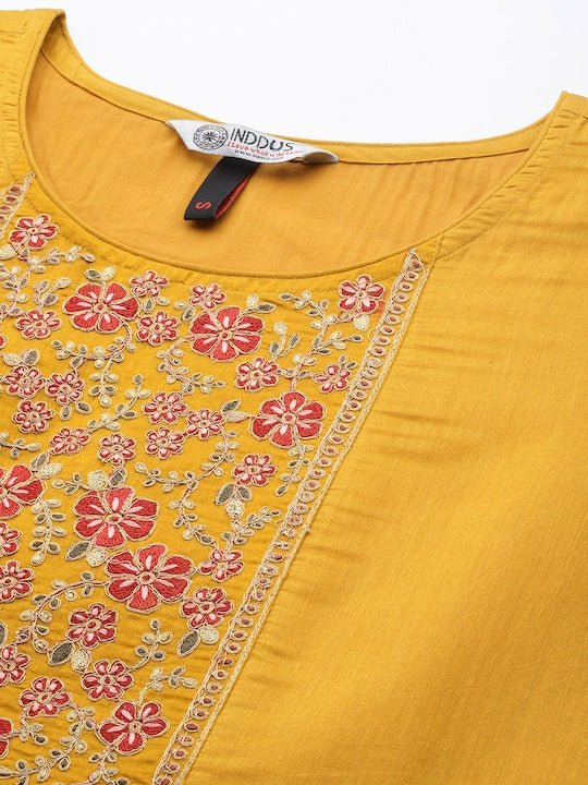 Floral Yoke Design Chanderi Cotton Kurta With Trousers & Dupatta - Inddus.com