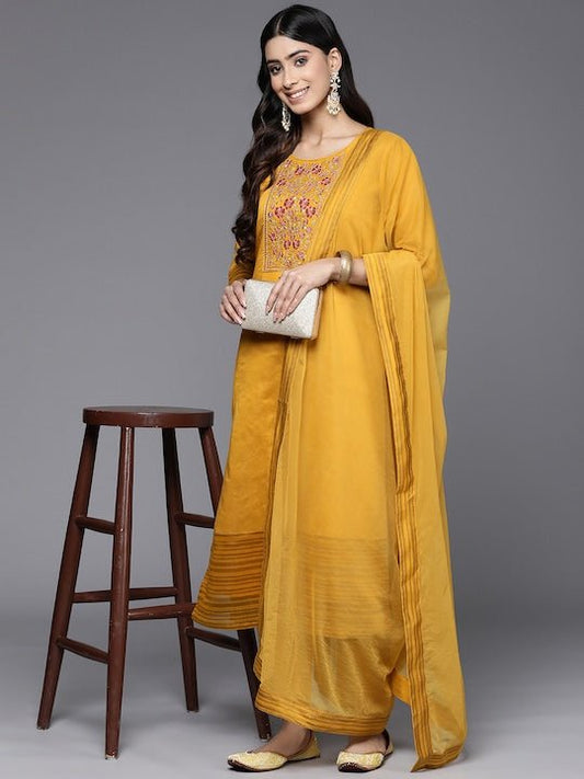 Floral Yoke Design Chanderi Cotton Kurta With Trousers & Dupatta - Inddus.com