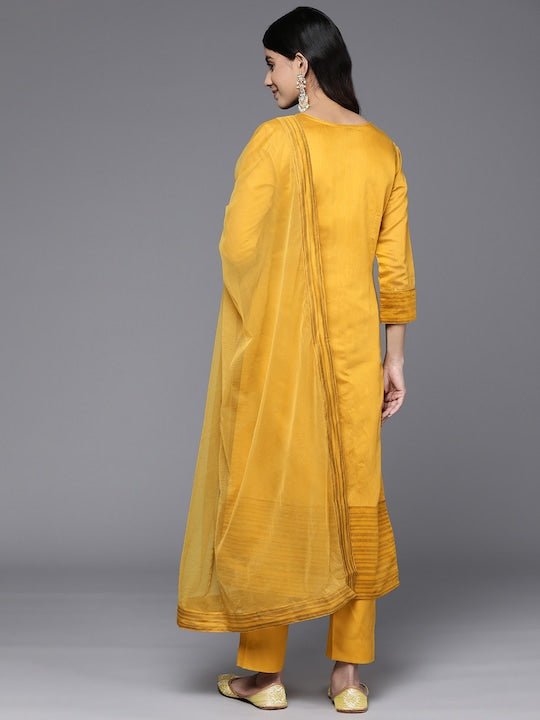 Floral Yoke Design Chanderi Cotton Kurta With Trousers & Dupatta - Inddus.com