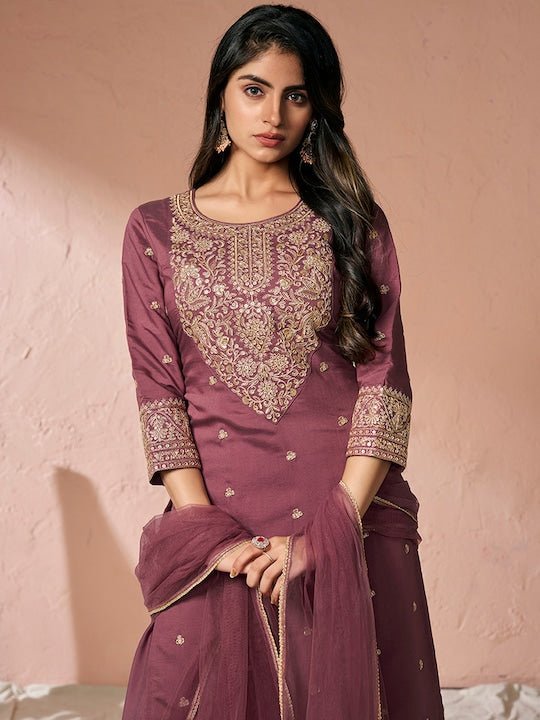 Floral Yoke Design Regular Chanderi Cotton Kurta with Palazzos & Dupatta - Inddus.com