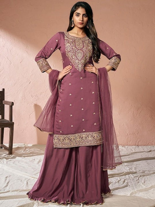 Floral Yoke Design Regular Chanderi Cotton Kurta with Palazzos & Dupatta - Inddus.com