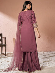 Floral Yoke Design Regular Chanderi Cotton Kurta with Palazzos & Dupatta - Inddus.com