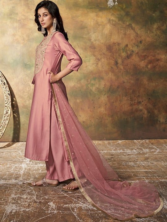 Floral Yoke Design Regular Pure Silk Kurta With Palazzos & Dupatta - Inddus.com