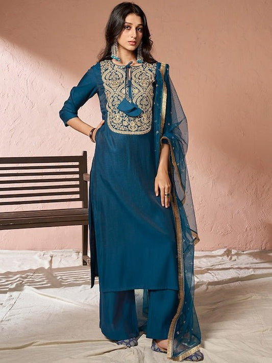 Floral Yoke Design Regular Pure Silk Kurta with Palazzos & Dupatta - Inddus.com