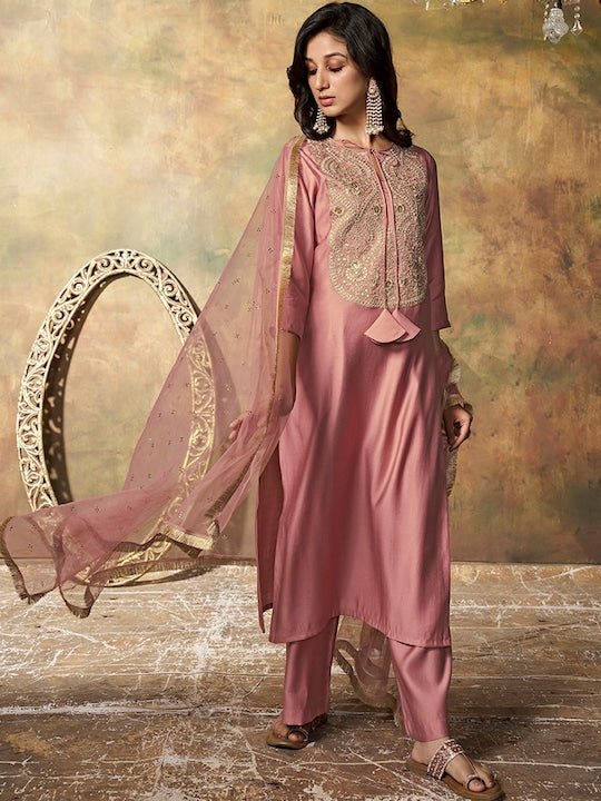 Floral Yoke Design Regular Pure Silk Kurta With Palazzos & Dupatta - Inddus.com