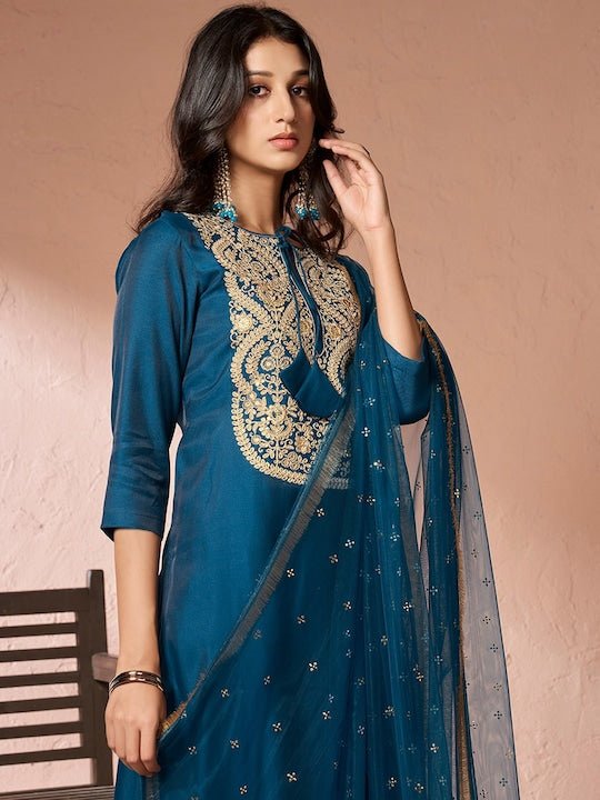 Floral Yoke Design Regular Pure Silk Kurta with Palazzos & Dupatta - Inddus.com