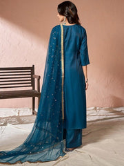 Floral Yoke Design Regular Pure Silk Kurta with Palazzos & Dupatta - Inddus.com