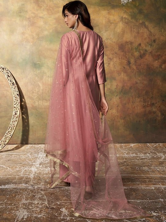 Floral Yoke Design Regular Pure Silk Kurta With Palazzos & Dupatta - Inddus.com