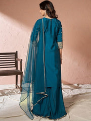 Floral Yoke Design Regular Sequinned Chanderi Cotton Kurta with Palazzos & Dupatta - Inddus.com