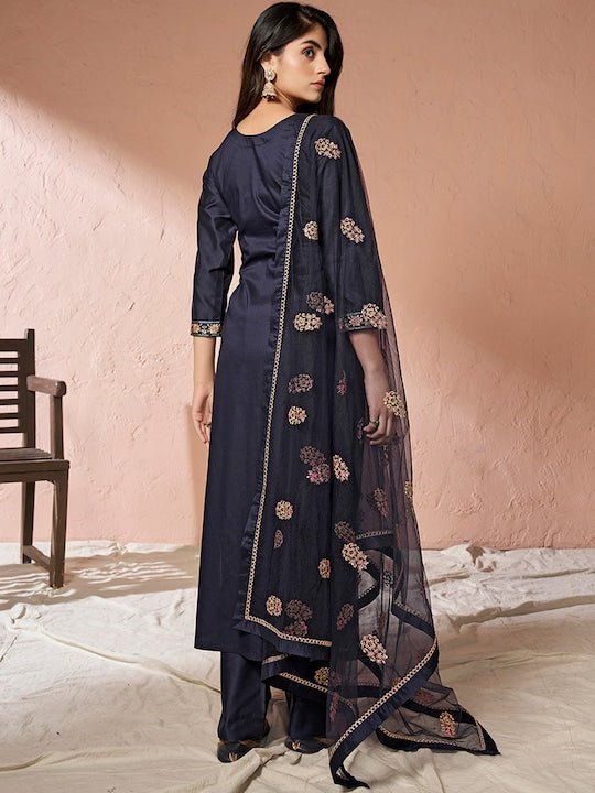 Floral Yoke Design Regular Sequinned Chanderi Cotton Kurta with Palazzos & Dupatta - Inddus.com