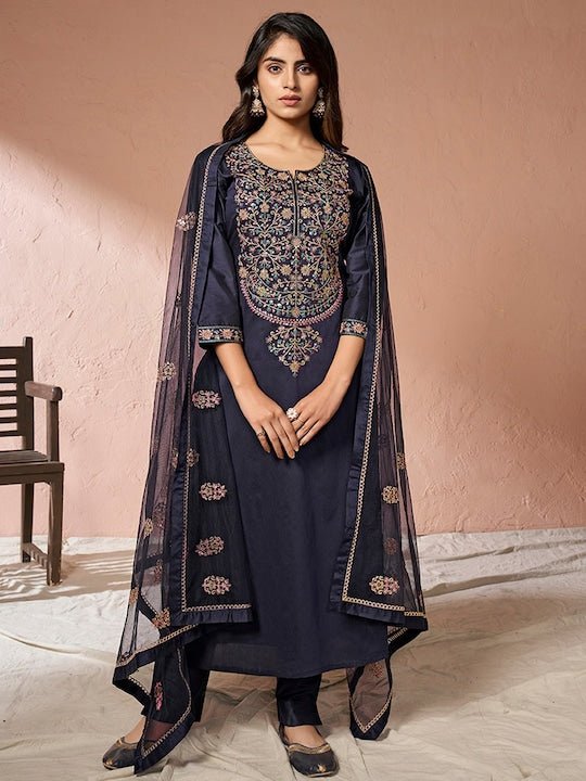 Floral Yoke Design Regular Sequinned Chanderi Cotton Kurta with Palazzos & Dupatta - Inddus.com