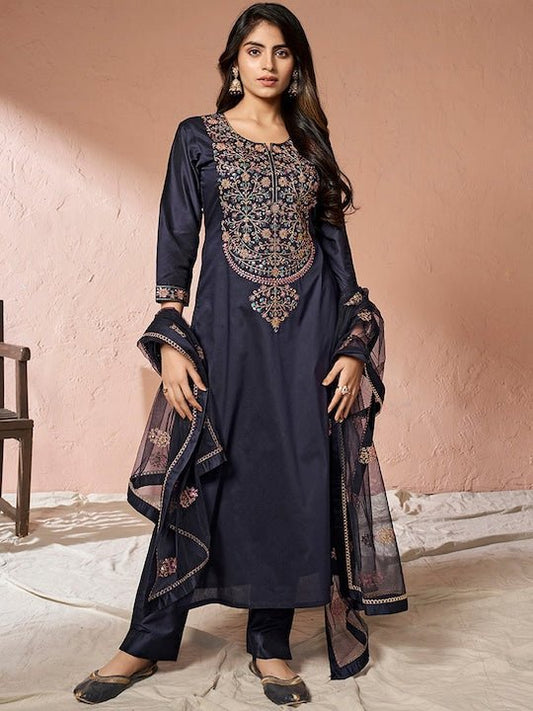 Floral Yoke Design Regular Sequinned Chanderi Cotton Kurta with Palazzos & Dupatta - Inddus.com