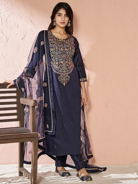 Floral Yoke Design Regular Sequinned Chanderi Cotton Kurta with Palazzos & Dupatta - Inddus.com